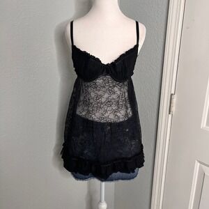 Victoria's Secret Lace Babydoll Lingerie Top Black Ruffle‎ Trim Sexy See Through